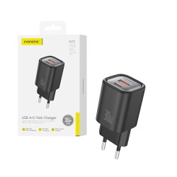 Adaptador Foneng EU71 2 Portas USB-A+Tipo-C PD30W Preto